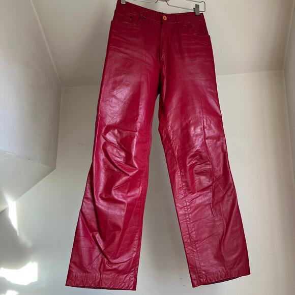 Vintage Straight Leg Red Leather Pants‎ Biker Moto Maximalist Unique Size 27 - Picture 3 of 10